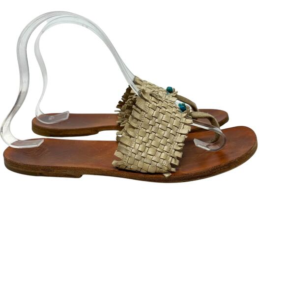 Henry Cuir Slide Sandals Leather‎ Woven Rattan Beaded Tan Brown Size 38 US 8 - Picture 5 of 13